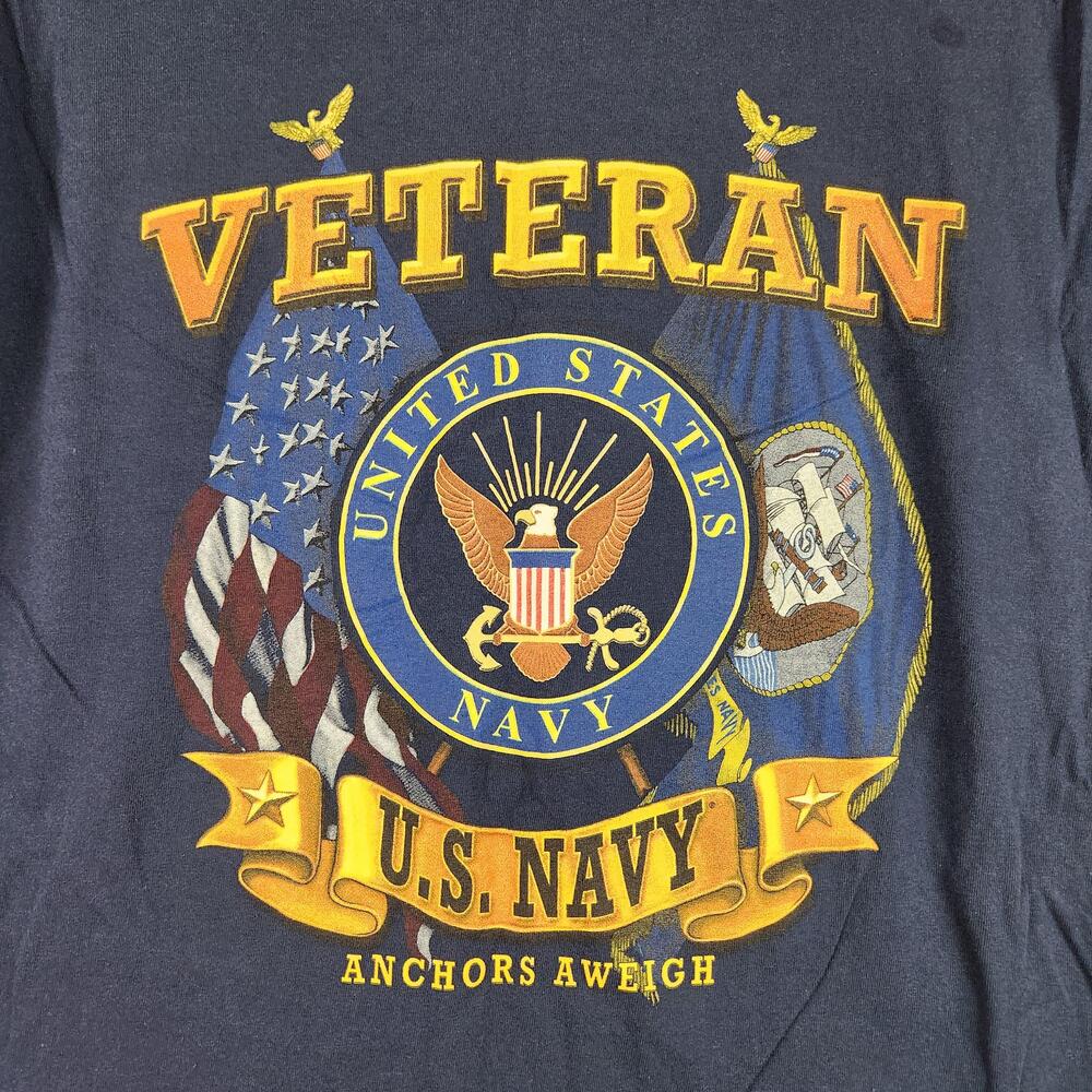 US Navy Veteran Shirt Mens Large Blue Graphic Seal Logo Anchors Aweigh Naval